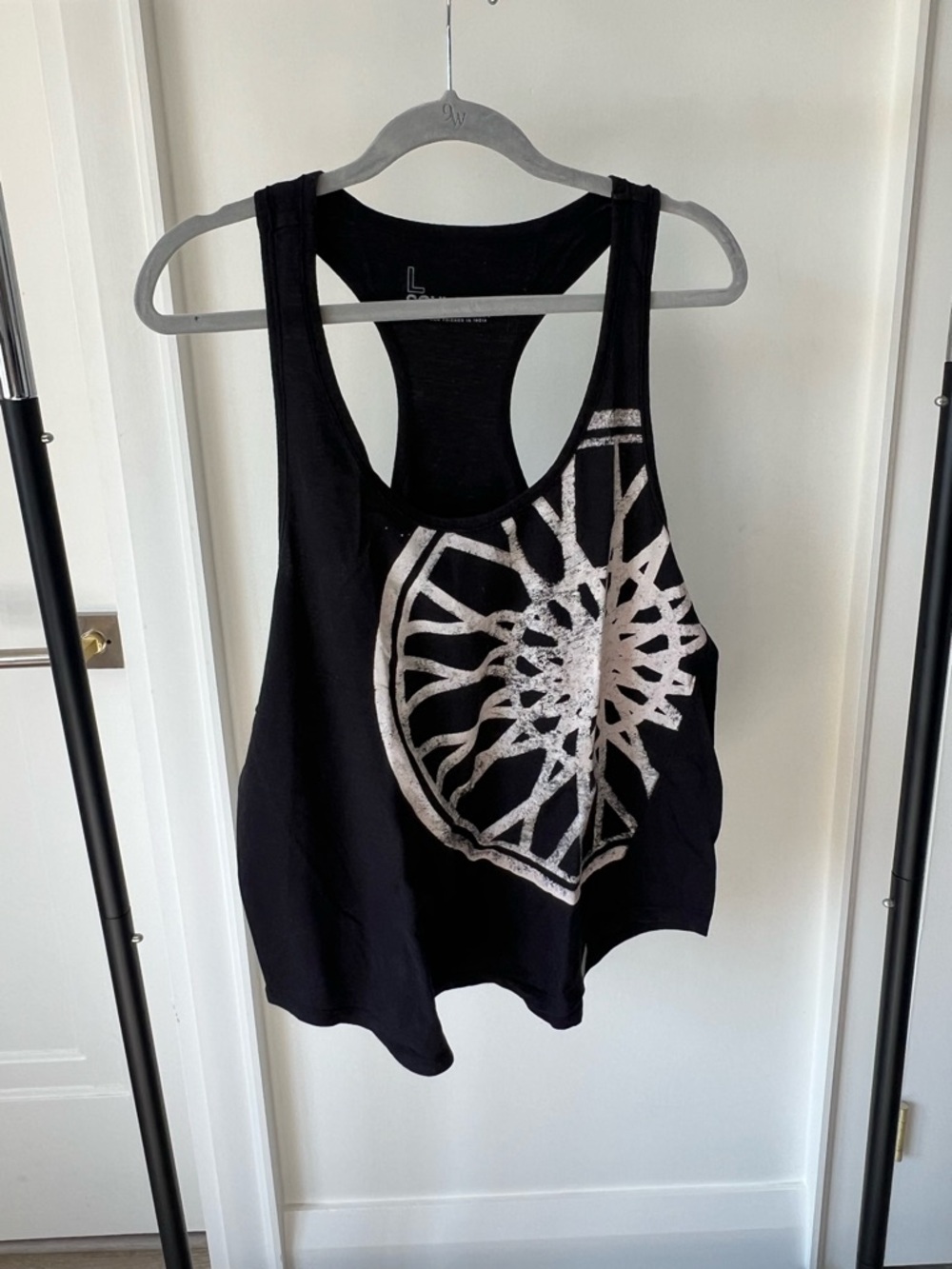 soulcycle Black Racerback Tank with Metallic Silver Wheel Graphic